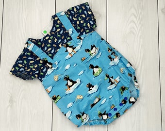 Pagliaccetto pinguino per ragazzi, pagliaccetto per neonati, vestiti blu per ragazzi, pagliaccetto di pesce, pagliaccetto a maniche corte, salopette per neonati