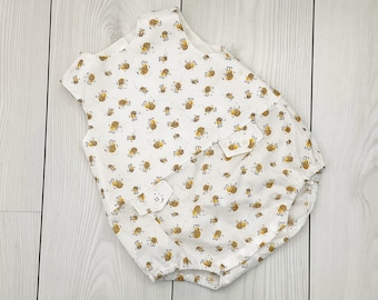 unisex baby romper, simple white and yellow romper, bumblebee print, short baby romper, cotton baby unisex clothes