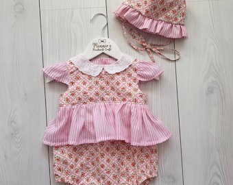 size 6 months baby girl outfit, pink baby clothes, floral romper and hat, frilly baby girl set, traditional outfit