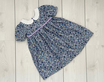 Abito floreale per ragazze con colletto, abito tradizionale per bambini, abito per ragazze a maniche corte, abito floreale viola e blu, abito per ragazze graziose