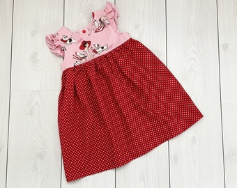 girls size 3 years dress, red polka dot dress, kids dress with flutter sleeves, unique pink vintage print