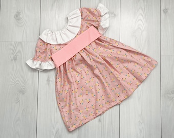 Vestito floreale da 18 a 24 mesi con fascia e colletto a balze, completo rosa da bambina, abito da festa per bambine, maniche corte con volant