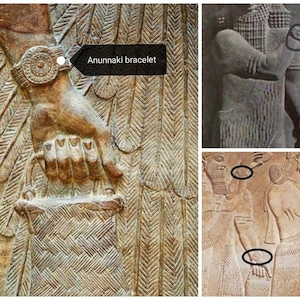 Op de afbeelding: Close-up van een oude stenen sculptuur die een figuur met een armband toont. De armband is gedetailleerd met een cirkelvormig ontwerp. De sculptuur is waarschijnlijk afkomstig uit Mesopotami&euml; en kan een Anunnaki-figuur voorstellen.