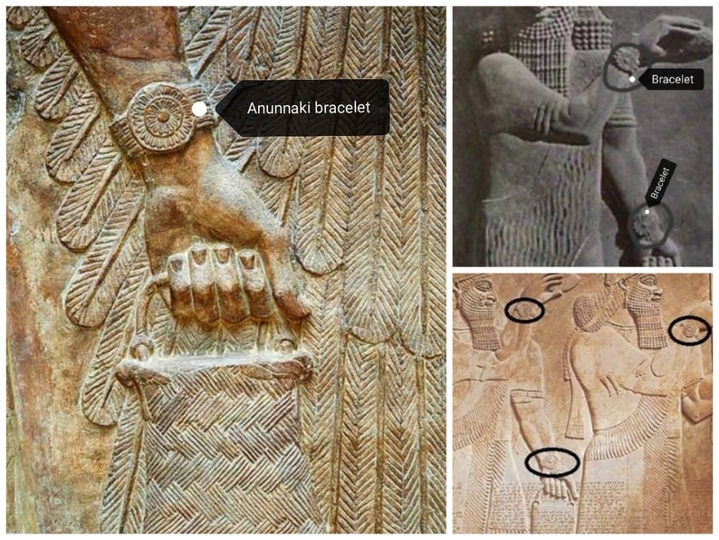 Op de afbeelding: Close-up van een oude stenen sculptuur die een figuur met een armband toont. De armband is gedetailleerd met een cirkelvormig ontwerp. De sculptuur is waarschijnlijk afkomstig uit Mesopotami&euml; en kan een Anunnaki-figuur voorstellen.