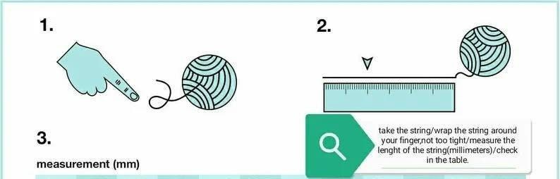 Pu&ograve; includere: Un diagramma che mostra come misurare la circonferenza di un dito usando uno spago e un righello. Le istruzioni dicono di avvolgere lo spago attorno al dito, non troppo stretto, e poi misurare la lunghezza dello spago in millimetri.