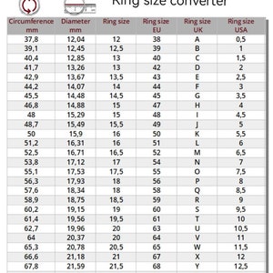 Op de afbeelding: Een tabel die ringmaatconversies laat zien tussen de VS, het VK, de EU en millimeters. De tabel bevat omtrek- en diametermetingen in millimeters, ringmaat in de VS, het VK en de EU, en ringmaat in breuken van een VS-maat.