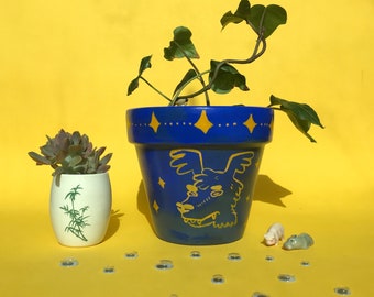 Hand Painted Terracotta Pot - Blue, Dogs, Sparkle, 12cm