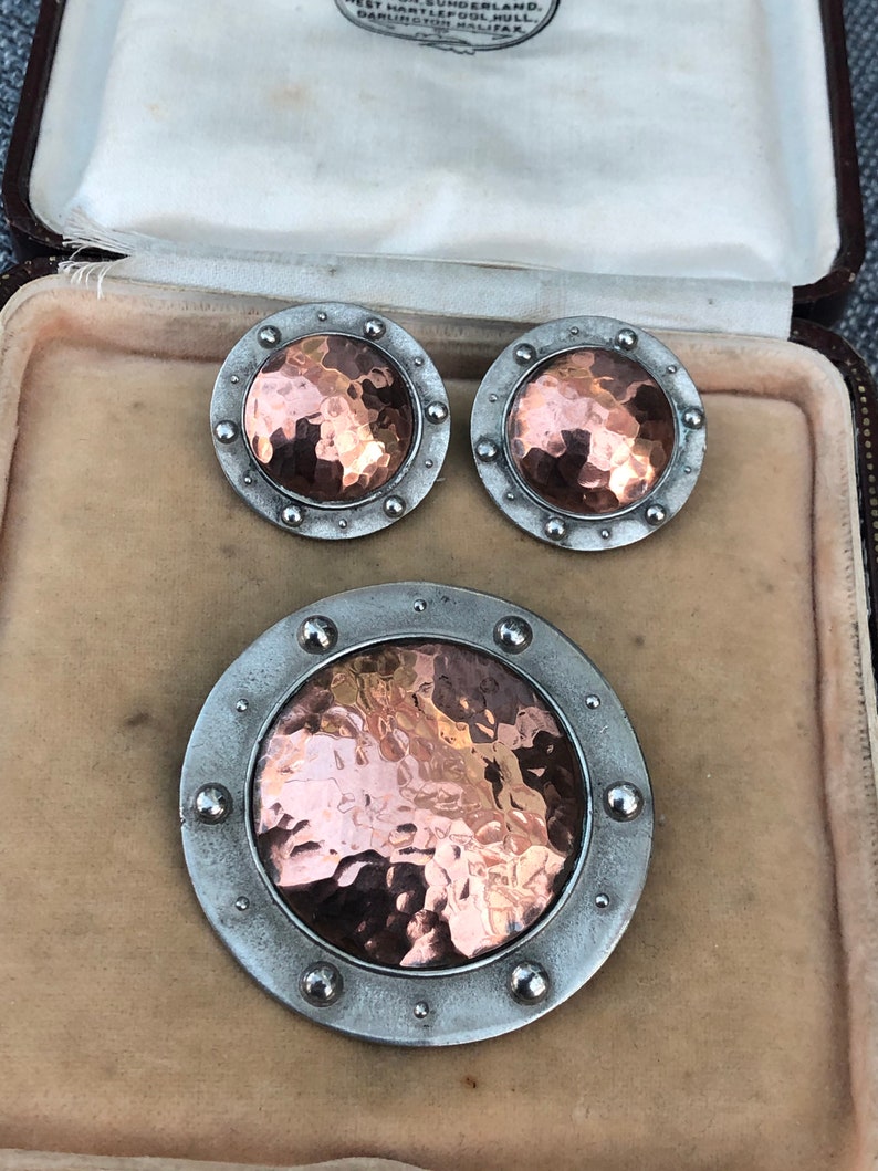 Quality Vintage Retro Liberty Arts and Crafts Style Pewter and Hammered Copper Brooch and earrinigs set