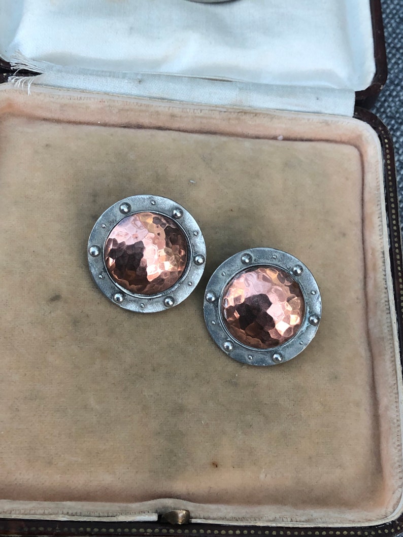 Quality Vintage Retro Liberty Arts and Crafts Style Pewter and Hammered Copper Brooch and earrinigs set