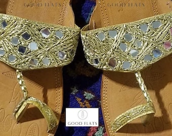 SUNSHINE: Mirror jutti | size 39 | Gold Mirror kohlapuri | leather chappal | Womens slippers | Gold Punjabi jutti | Gold bridal flat shoes