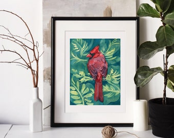 Impression aquarelle cardinal rouge. Peinture d'oiseau rouge pour mur de galerie d'art.