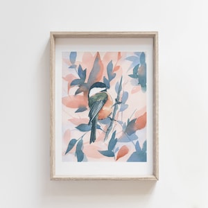 CHICKADEE ART. Little bird painting for wall art decor, giclee print.