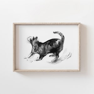 Cat painting in black and white. Ink drawing of black cat. Giclee print.