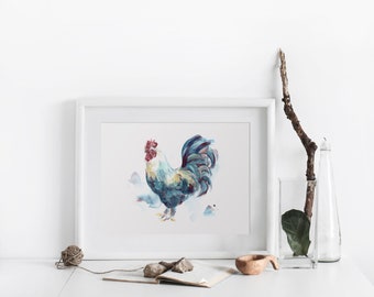 Rooster illustration, art print from a watercolor painting, wall art decor