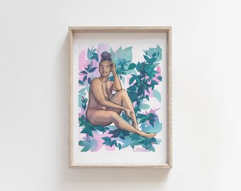 Body positive art print, nude painting in watercolor for feminist gift