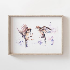 Sparrows Watercolor Painting Print -  Little Birds Artistic Wall Decor