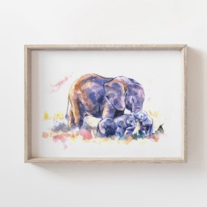 Elephant Family Watercolor Print - Mummy and Babys Illustration