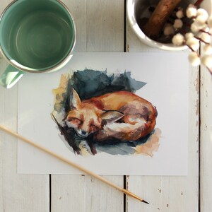 Illustration de renard endormi, impression dart à laquarelle, décor dart mural image 3