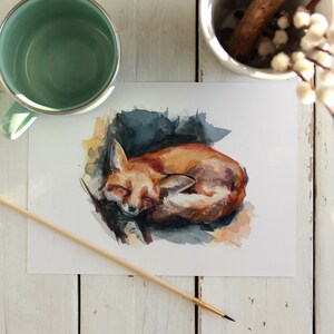 May include: A watercolor painting of a curled up fox sleeping on a branch. The fox is painted in shades of orange, brown, and white. The background is a soft blue and green.