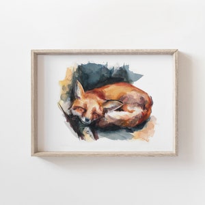 Illustration de renard endormi, impression dart à laquarelle, décor dart mural image 1