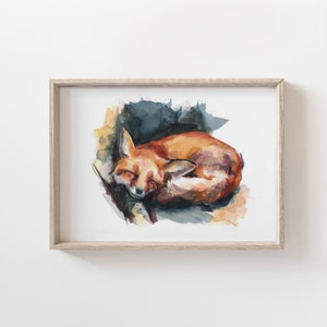 May include: Watercolor painting of a red fox curled up asleep. The fox is painted in shades of orange, brown, and white, with a soft, dreamy background.