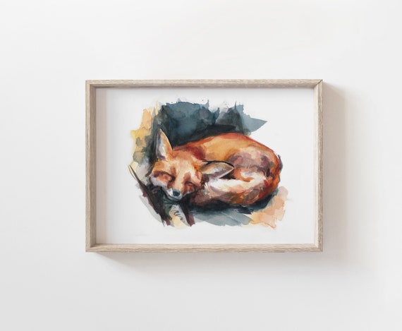Sleeping fox illustration, watercolor art print, wall art decor