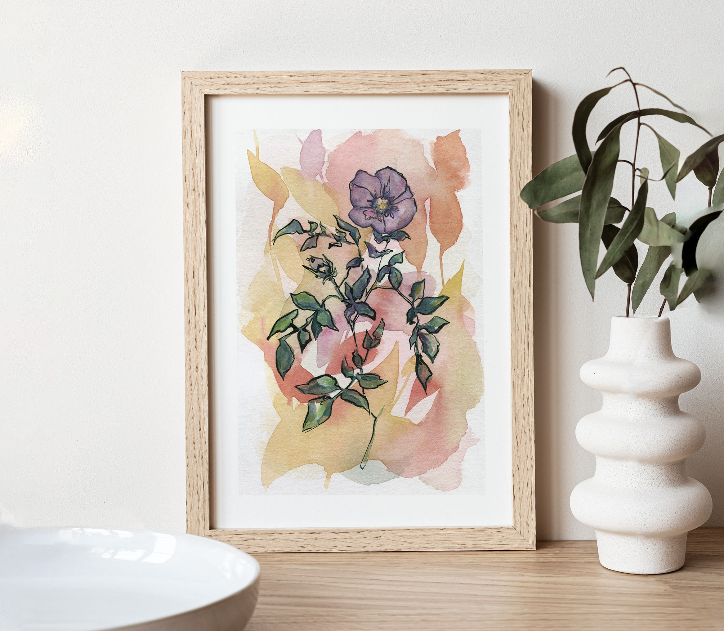 Flower wall art. Fine art print of a watercolor violet drawing
