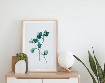 Abstract floral illustration, blue little flowers with a minimal nordic style. Watercolor painting.