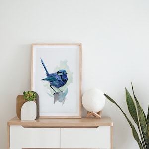 Blaue Singvogel Aquarellillustration. Kunstdruck für Wanddekoration. Australischer kleiner Vogel.