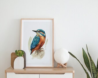 Kingfisher. Colorful bird illustration in watercolors, art print for wall decor. Exotic bird painting.