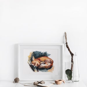 May include: A watercolor painting of a curled up fox sleeping in a forest setting. The fox is painted in shades of orange and brown, with a white chest and a black nose. The background is a soft blue and green, with hints of yellow.