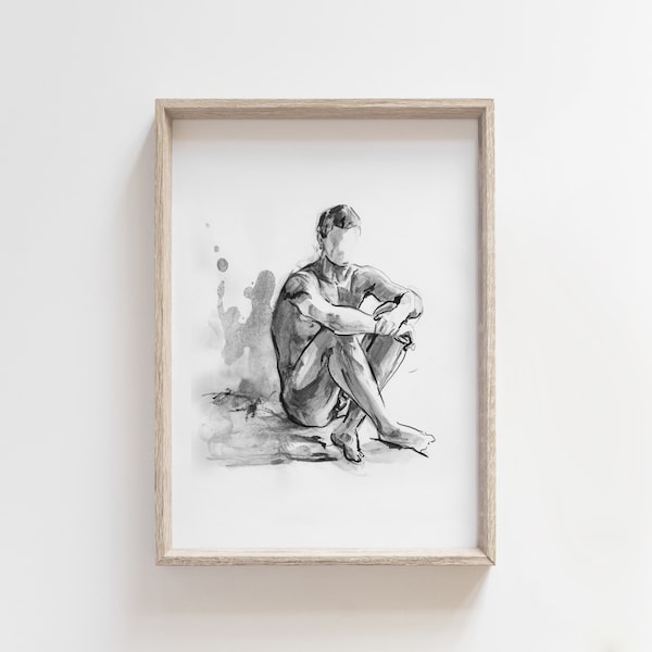 Man figure drawing in black and white, classic artistic nude art print