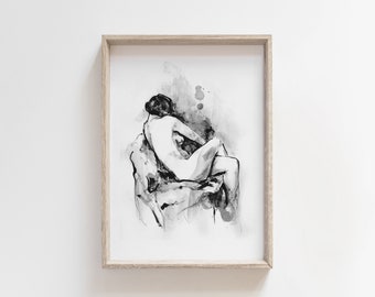May include: Black and white ink drawing of a nude figure sitting on a rock. The drawing is framed in a light wood frame.