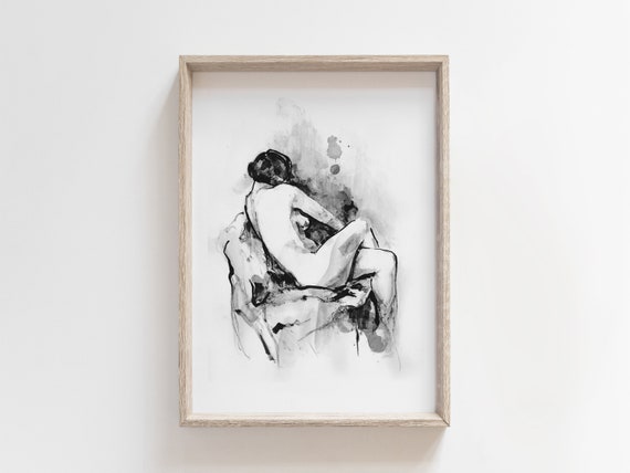 Female Figure Art Print - Black and White Chinese Ink Drawing