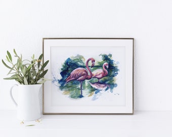 Flamingos Watercolor Print - Birds Illustration