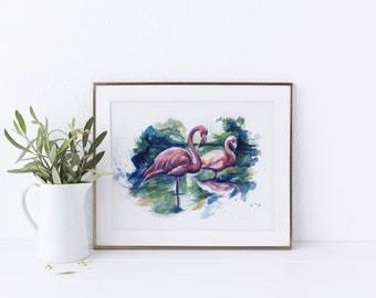 Impression aquarelle flamants roses - Illustration d’oiseaux