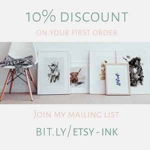 May include: A white chair with a gray throw blanket sits in front of a wall with five framed art prints. The prints feature a variety of subjects, including a woman, a cow, a tree, flowers, and a musician. The text "10% DISCOUNT ON YOUR FIRST ORDER" is at the top of the image. The text "JOIN MY MAILING LIST BIT.LY/ETSY-INK" is at the bottom of the image.