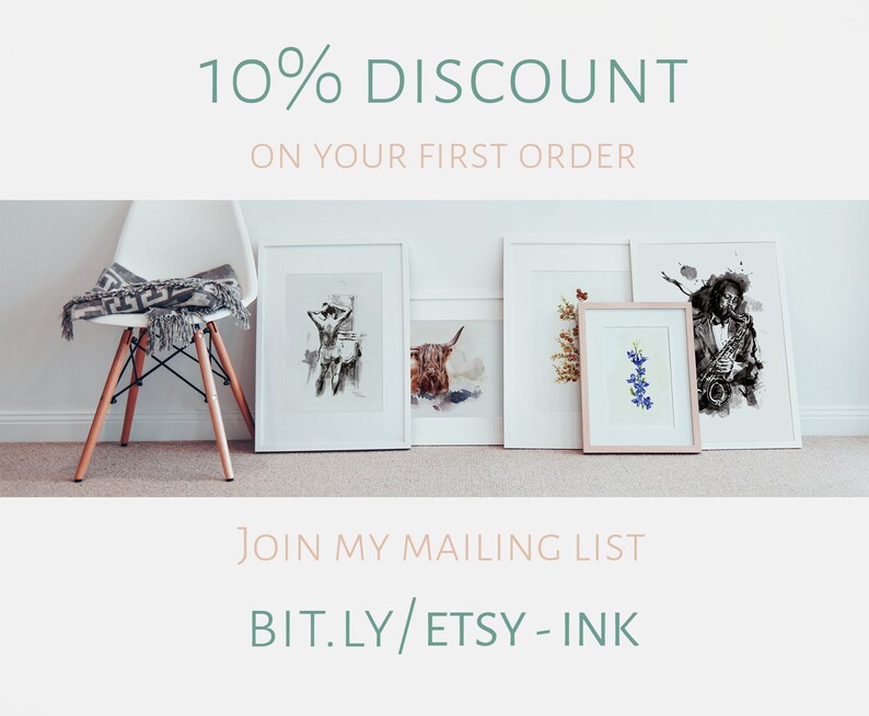 May include: A white chair with a gray throw blanket sits in front of a wall with five framed art prints. The prints feature a variety of subjects, including a woman, a cow, a tree, flowers, and a musician. The text "10% DISCOUNT ON YOUR FIRST ORDER" is at the top of the image. The text "JOIN MY MAILING LIST BIT.LY/ETSY-INK" is at the bottom of the image.