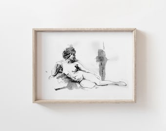 Dessin d'art gestuel - Nu féminin en noir et blanc - Nudité artistique