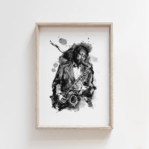 サックス奏者の絵 - 音楽アートプリント - 黒と白の壁アート装飾