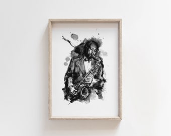 Saxophone player picture - Music art print - Black and white wall art decor