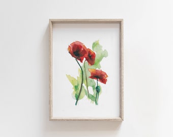 Poppy flowers art print, watercolor painting of a red poppies, botanical illustration