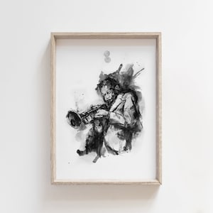 Trumpet player picture - Music art print - Trumpeter - Black and white wall art decor