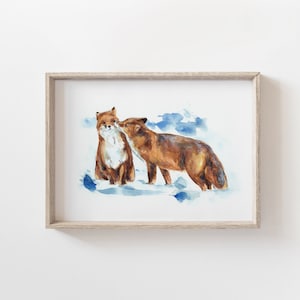 Couple of foxes in the snow - Watercolor Painting - Art Print for Wall Decor