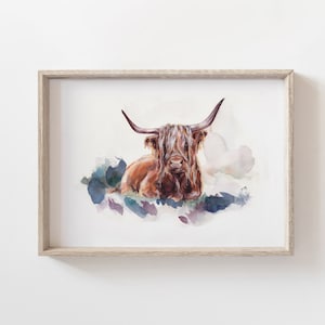 Highland Cow Print - Watercolor painting - Cattle wall art
