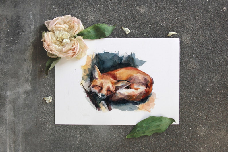 May include: Watercolor painting of a red fox curled up sleeping. The fox is painted in shades of orange, brown, and white. The background is a soft blue and gray.