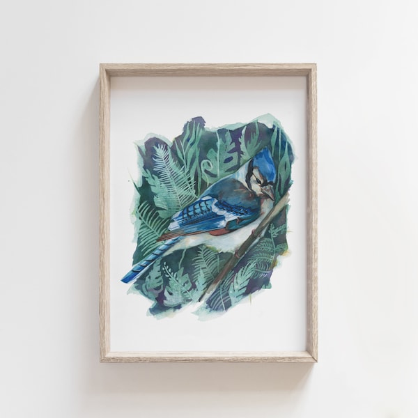 Blauhäher Vogel Aquarellillustration. Botanische Kunstdruck für Wanddekoration. Exotischer Vogel Malerei