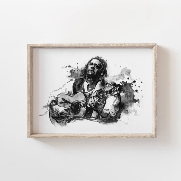 Guitar player picture - Flamenco music art print - String instrument - Black and white wall art decor