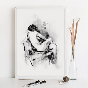 May include: Black and white ink drawing of a nude figure sitting on a stool. The drawing is framed and displayed on a white wall.
