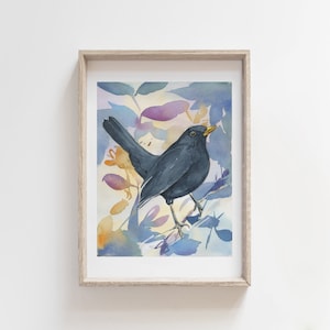Amsel Kunstdruck. Aquarellmalerei von Gartenvögeln.